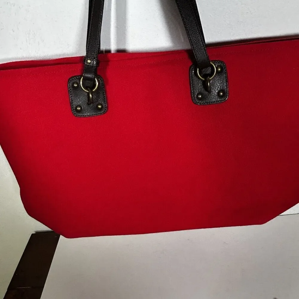 Coldwater Creek Handbag Tote Bag Red Cotton Canvas Leather Preppy Never used